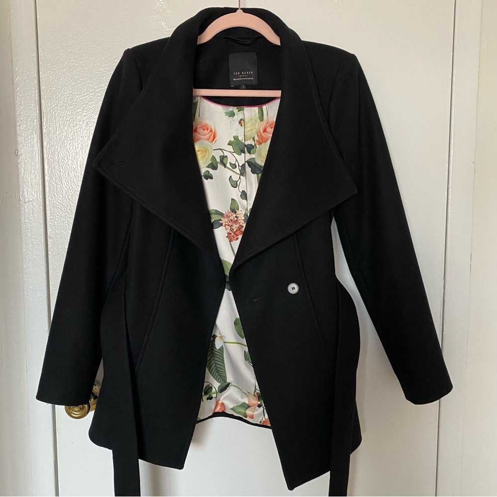 EUC Ted Baker Ryta Belted Wool Cashmere Wrap Coat - Black - US Size 4/UK Size 1
